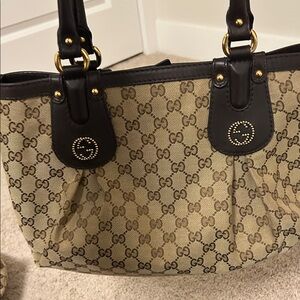 Gucci Beige GG Canvas Tote with Dark Brown Leather Handles